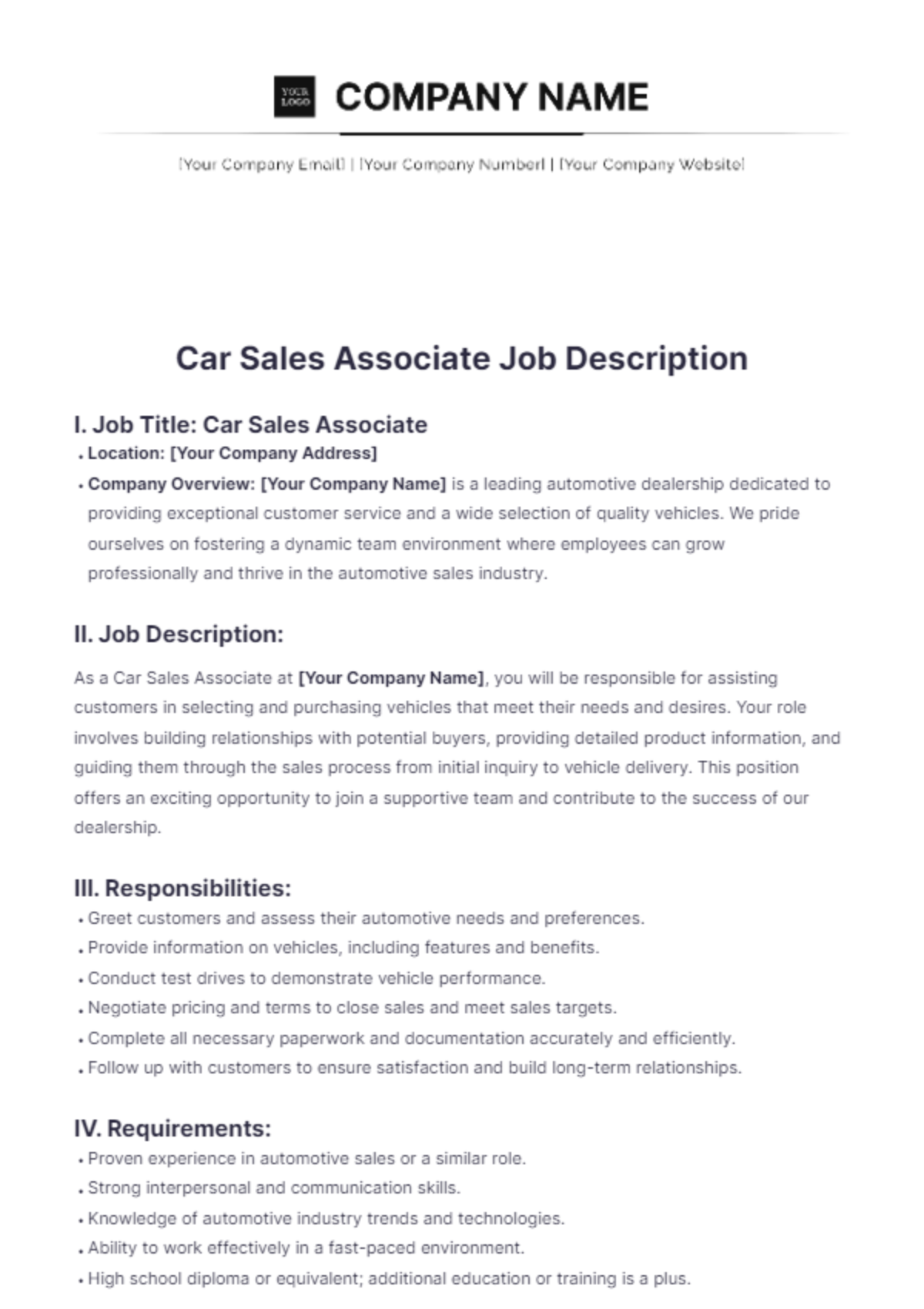 Car Sales Associate Job Description