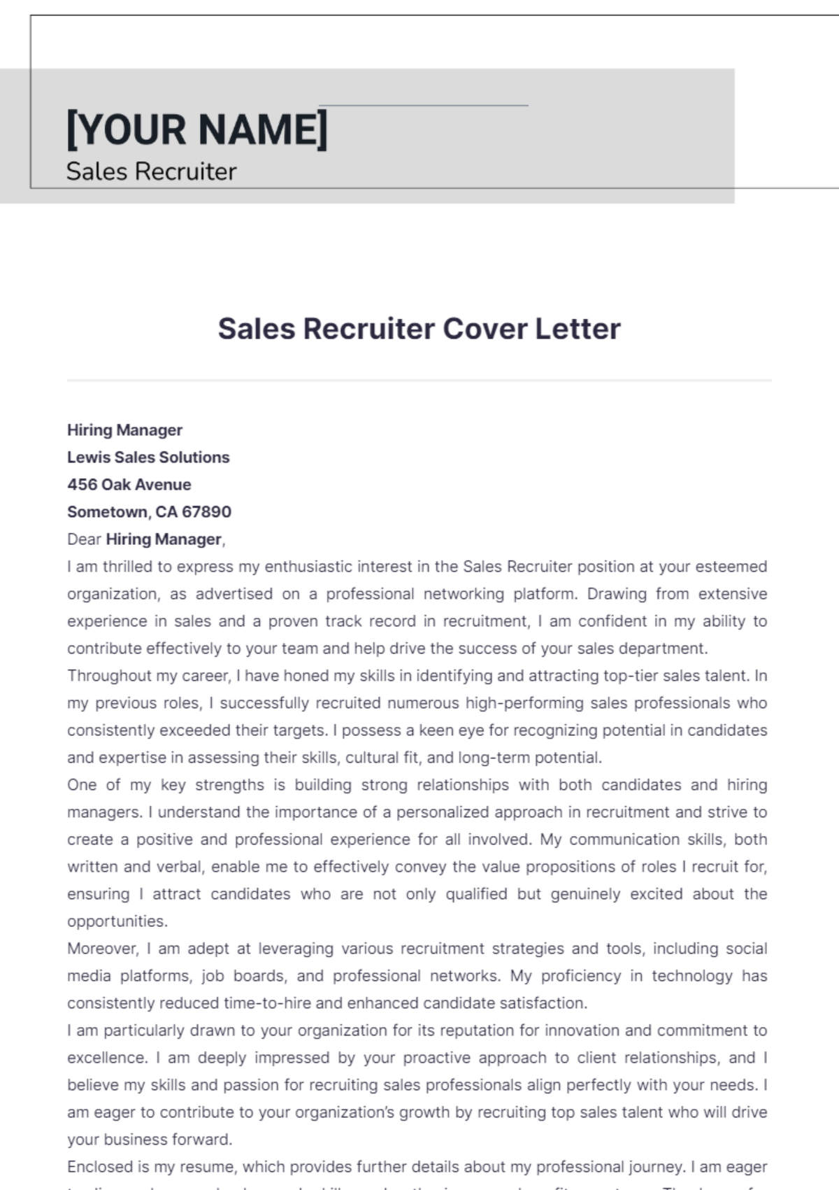 Sales Recruiter Cover Letter - Edit Online & Download