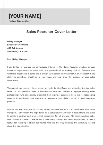 Free Sales Recruiter Cover Letter to Edit Online