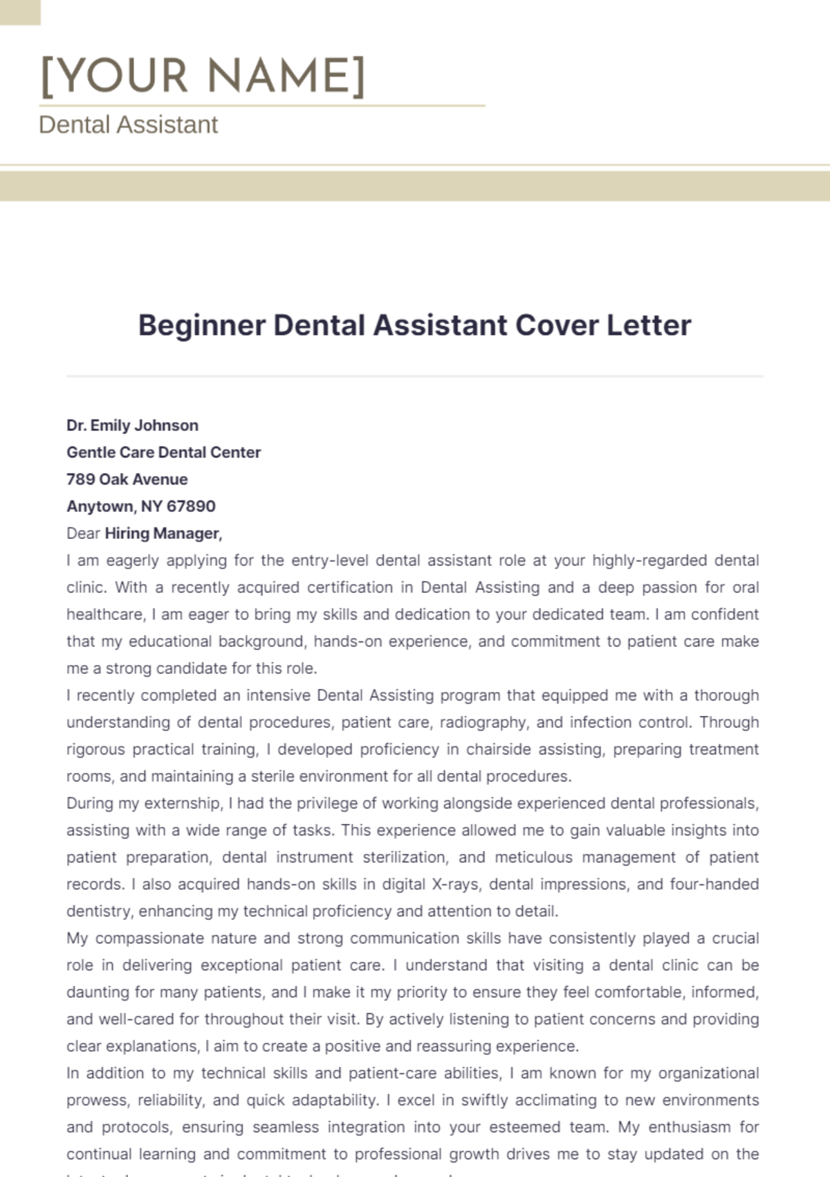 Beginner Dental Assistant Cover Letter - Edit Online & Download