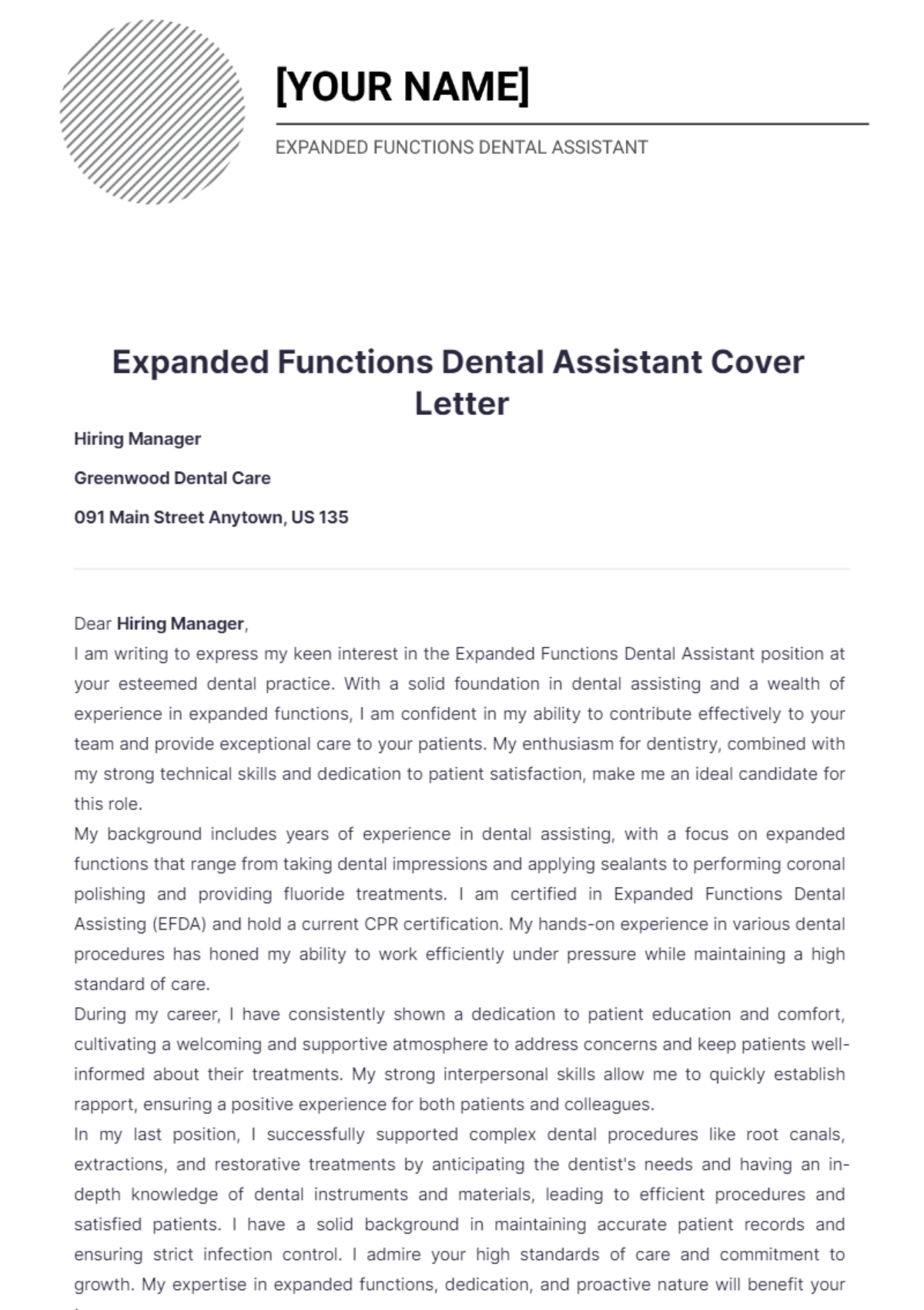 Expanded Functions Dental Assistant Cover Letter - Edit Online & Download