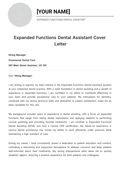 Free Expanded Functions Dental Assistant Cover Letter to Edit Online