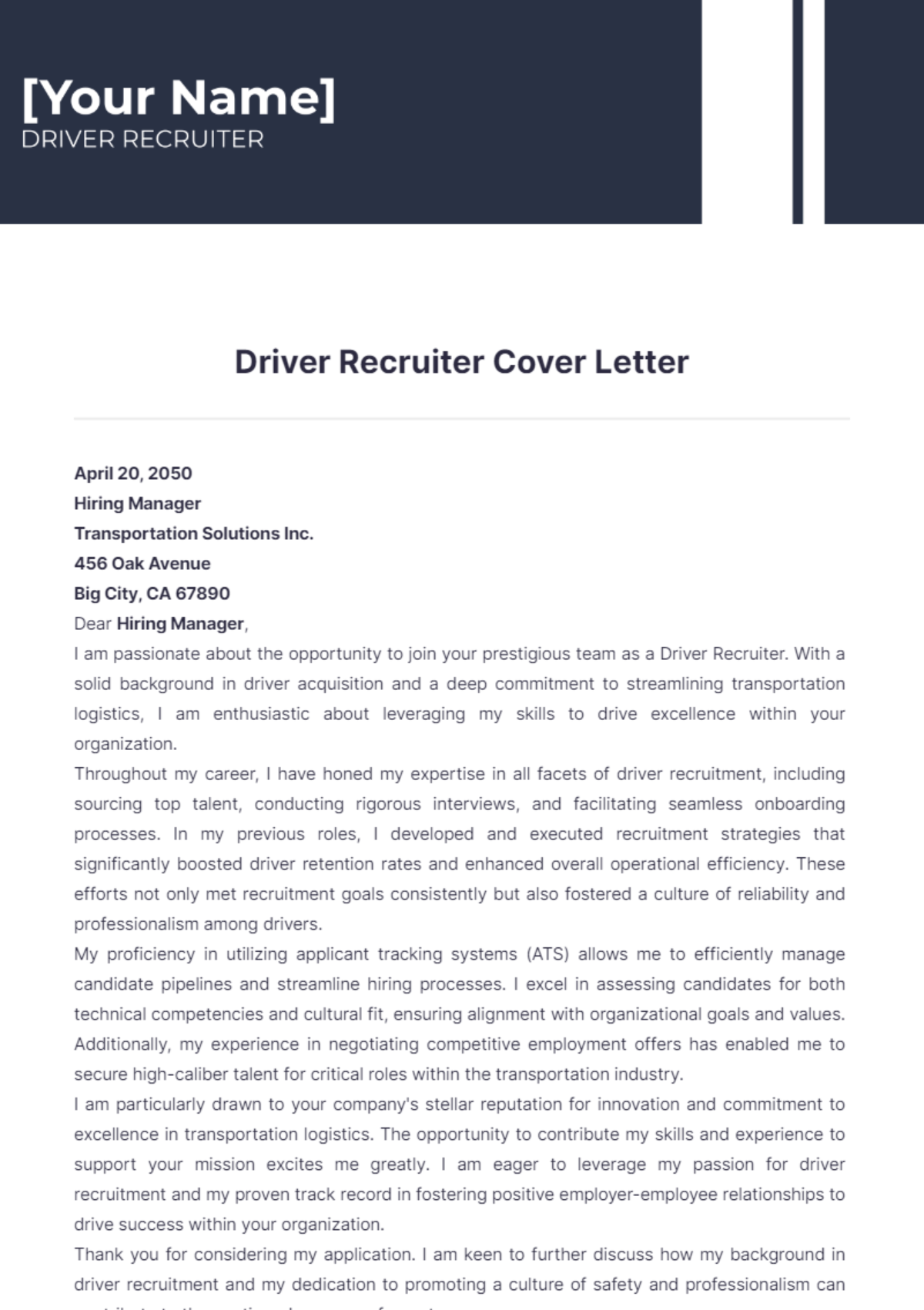 Driver Recruiter Cover Letter - Edit Online & Download