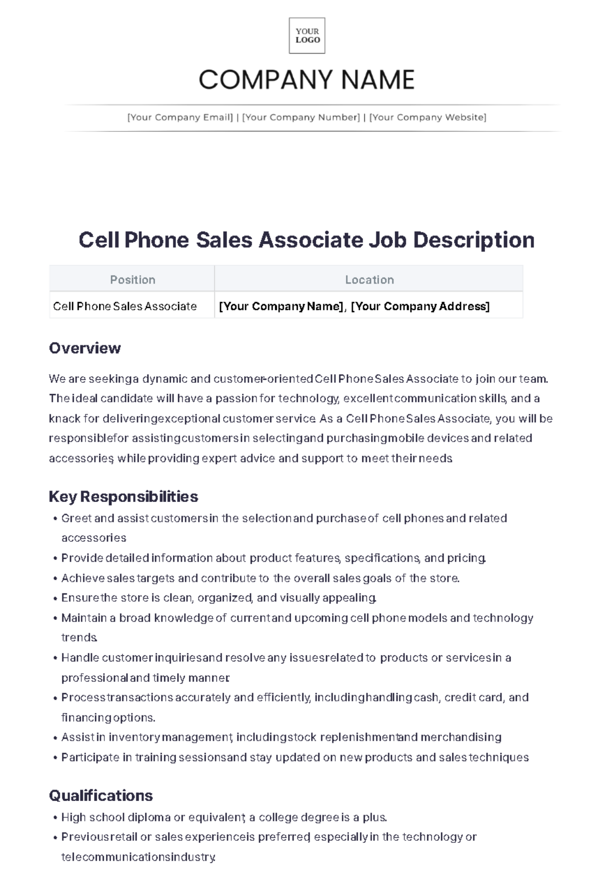 Cell Phone Sales Associate Job Description