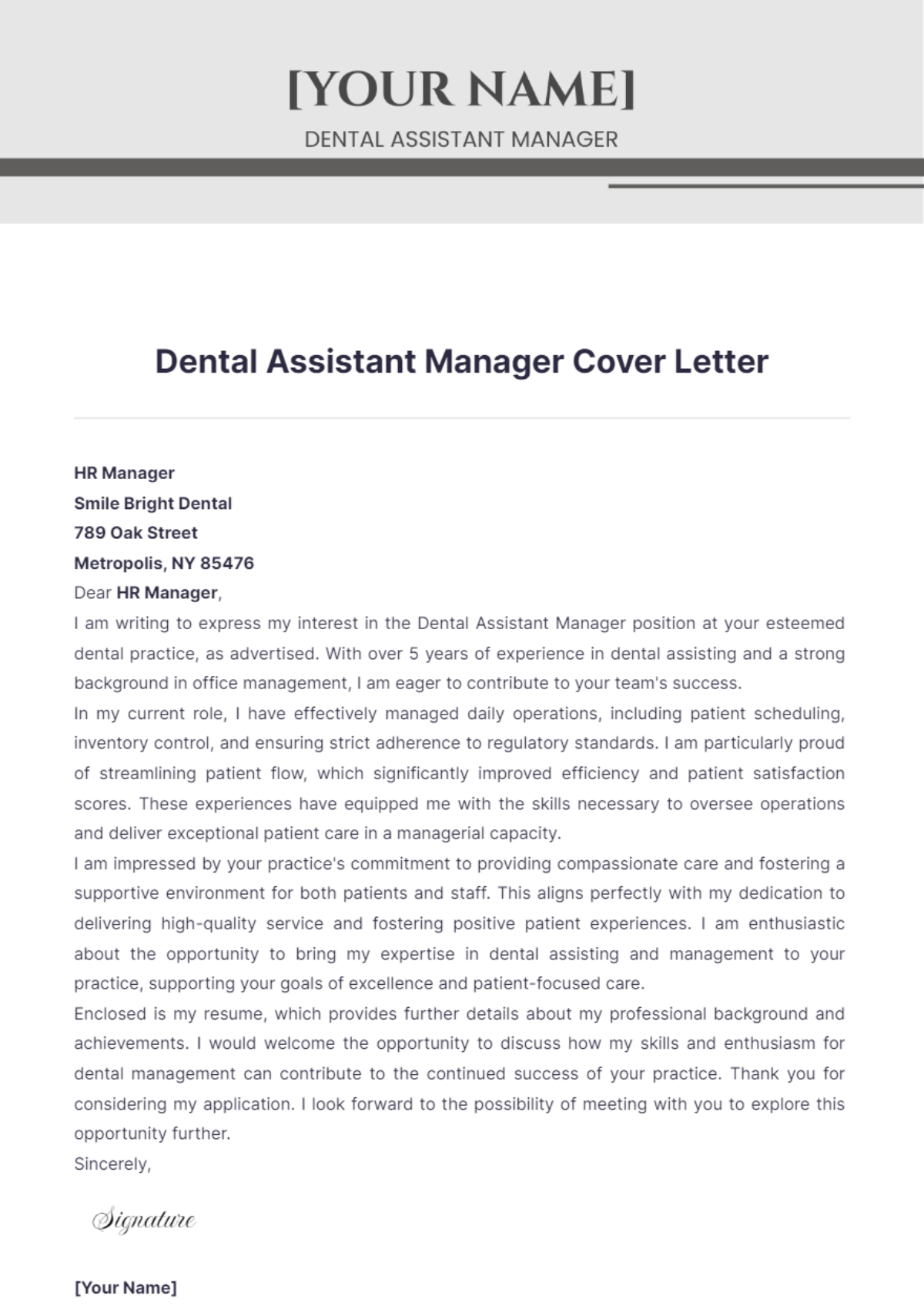 Dental Assistant Manager Cover Letter - Edit Online & Download