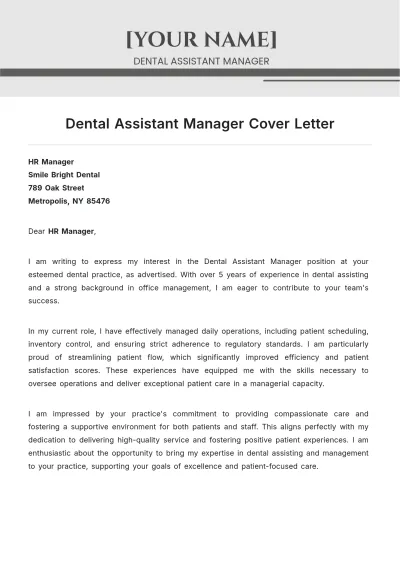 Free Dental Assistant Manager Cover Letter to Edit Online