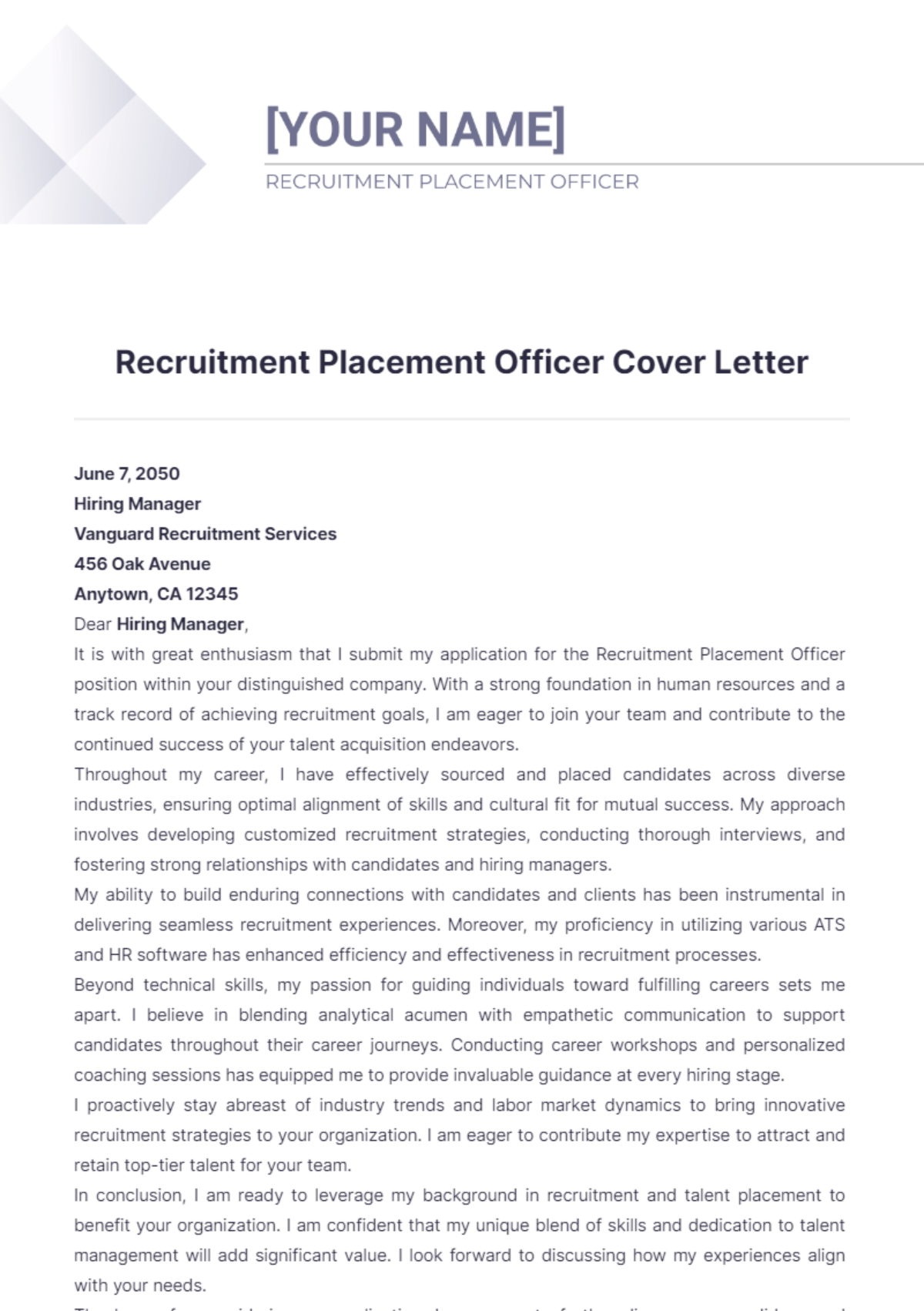 Recruitment Placement Officer Cover Letter - Edit Online & Download