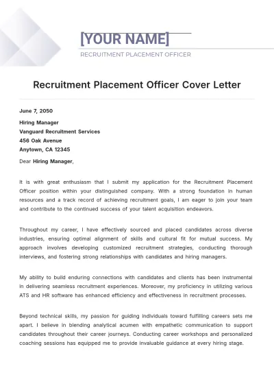 Free Recruitment Placement Officer Cover Letter to Edit Online