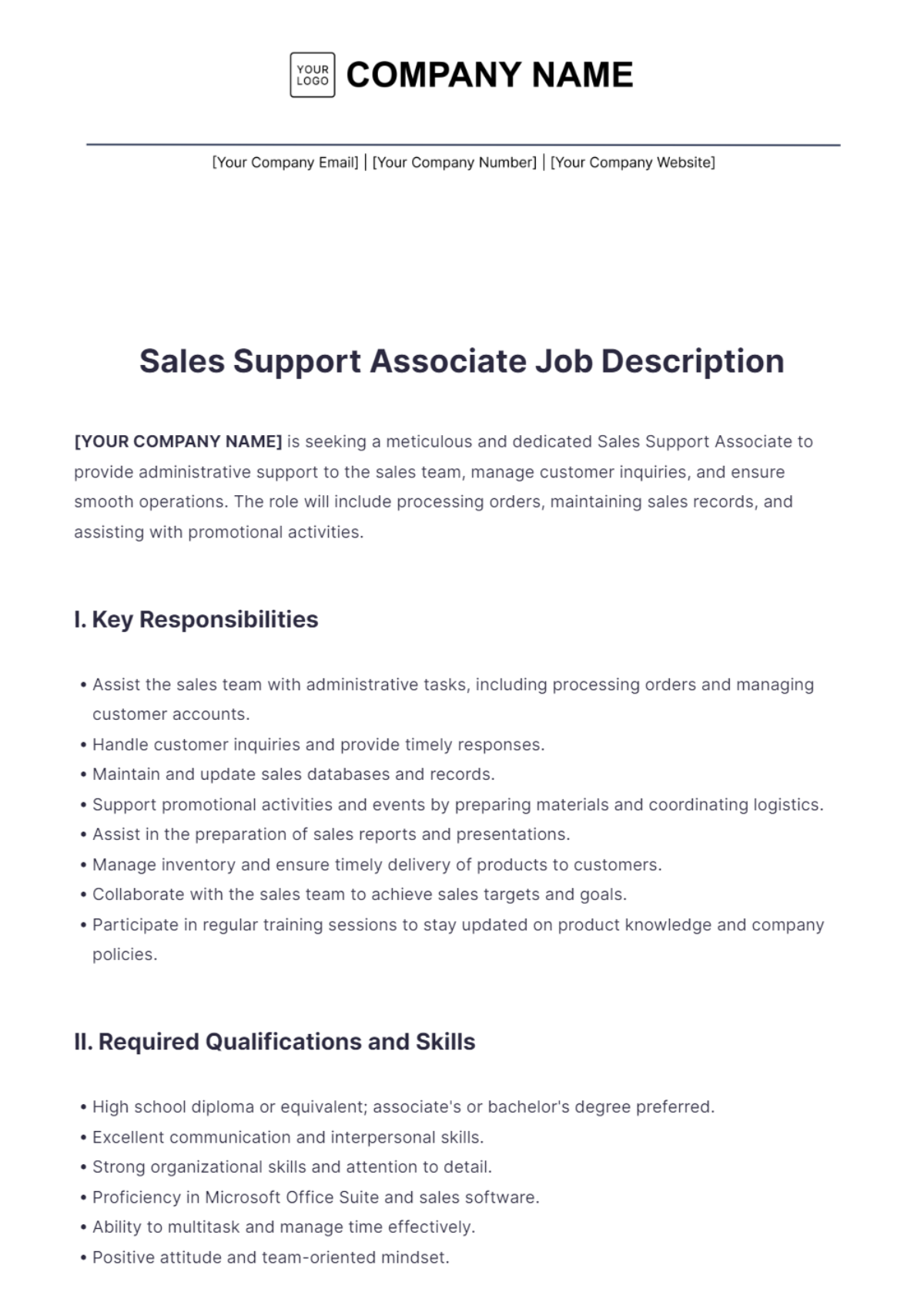 Sales Support Associate Job Description