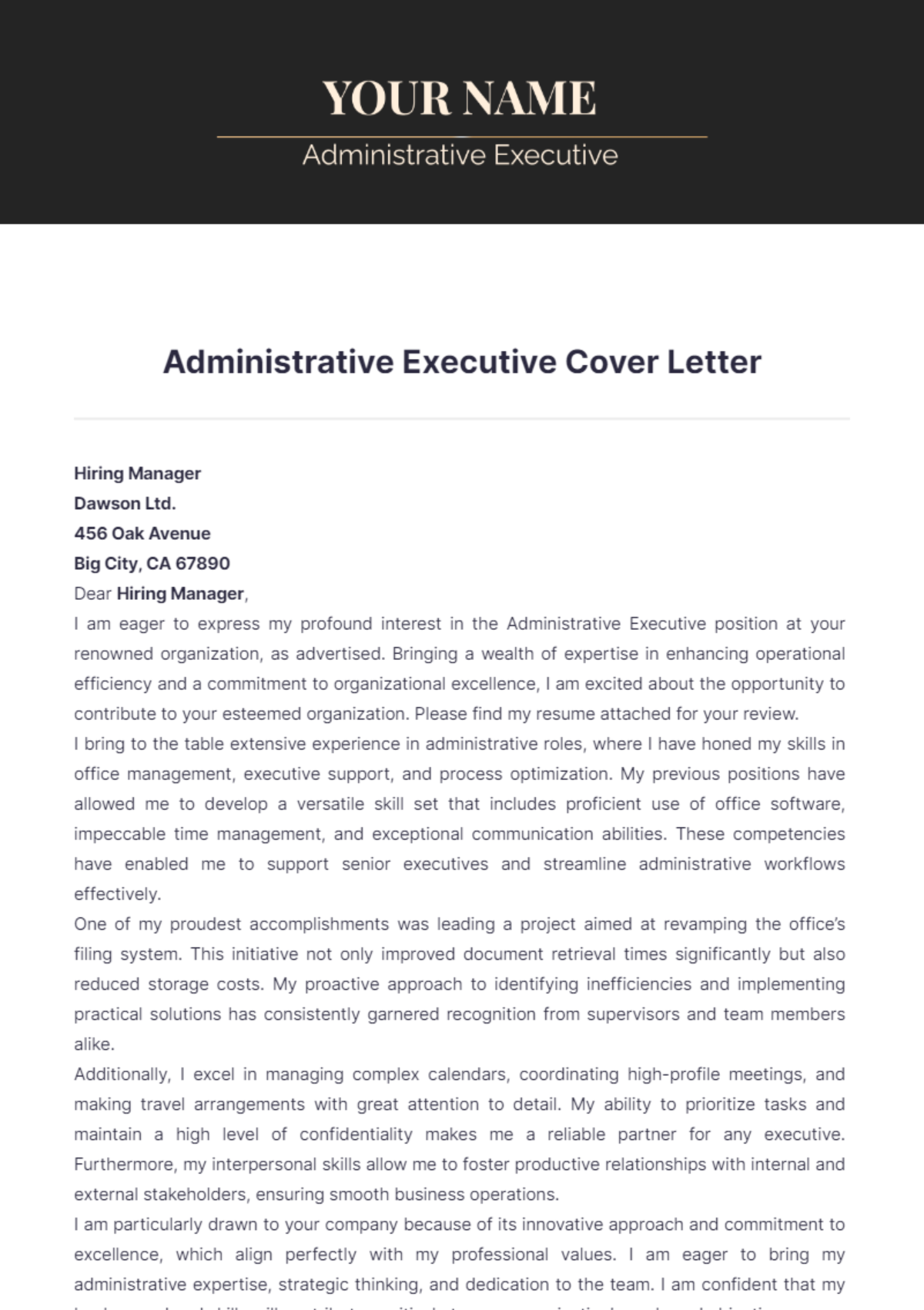 Administrative Executive Cover Letter - Edit Online & Download