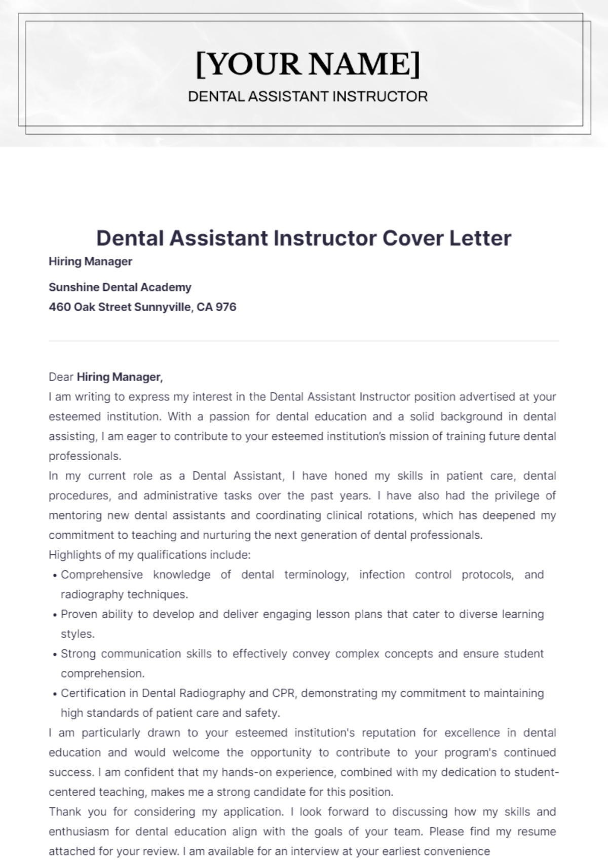 Dental Assistant Instructor Cover Letter - Edit Online & Download