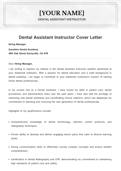 Free Dental Assistant Instructor Cover Letter to Edit Online
