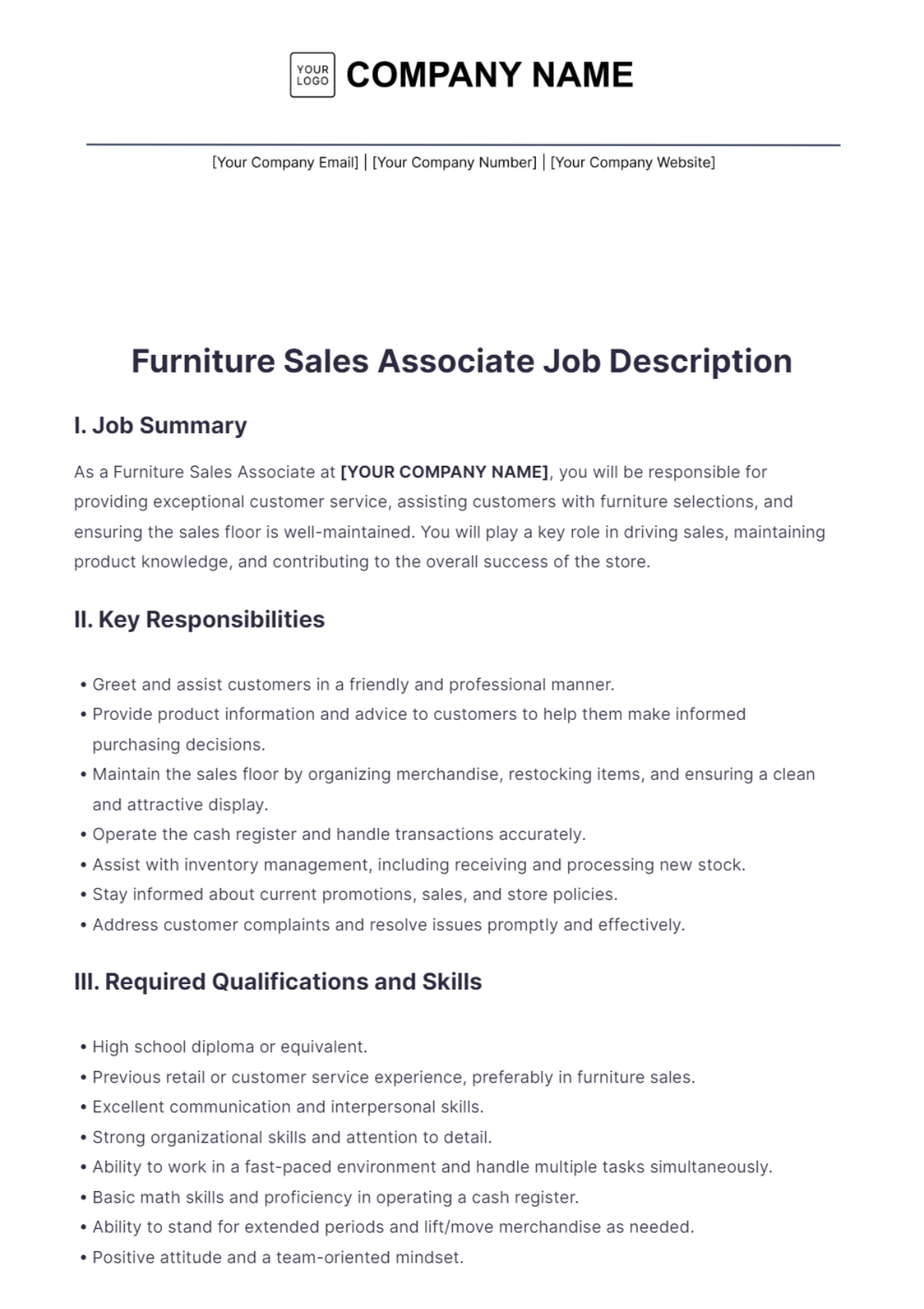 Furniture Sales Associate Job Description