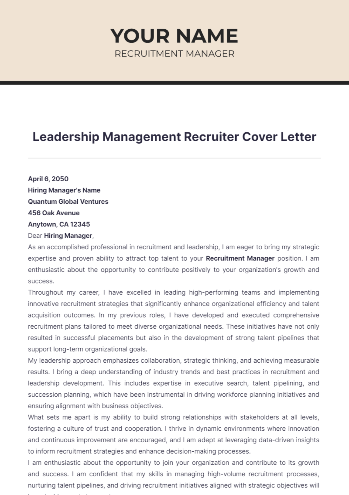 Leadership Management Recruiter Cover Letter - Edit Online & Download