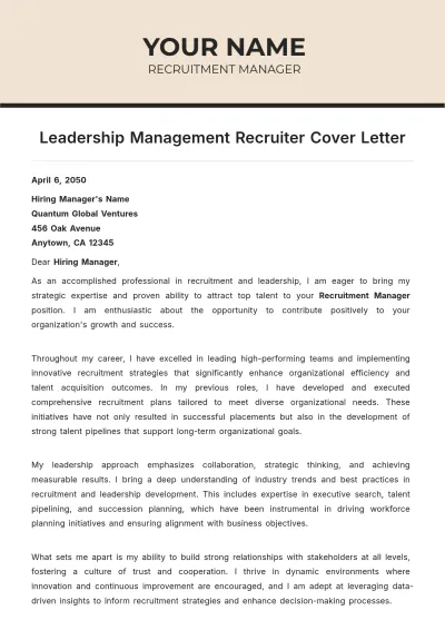 Free Leadership Management Recruiter Cover Letter to Edit Online