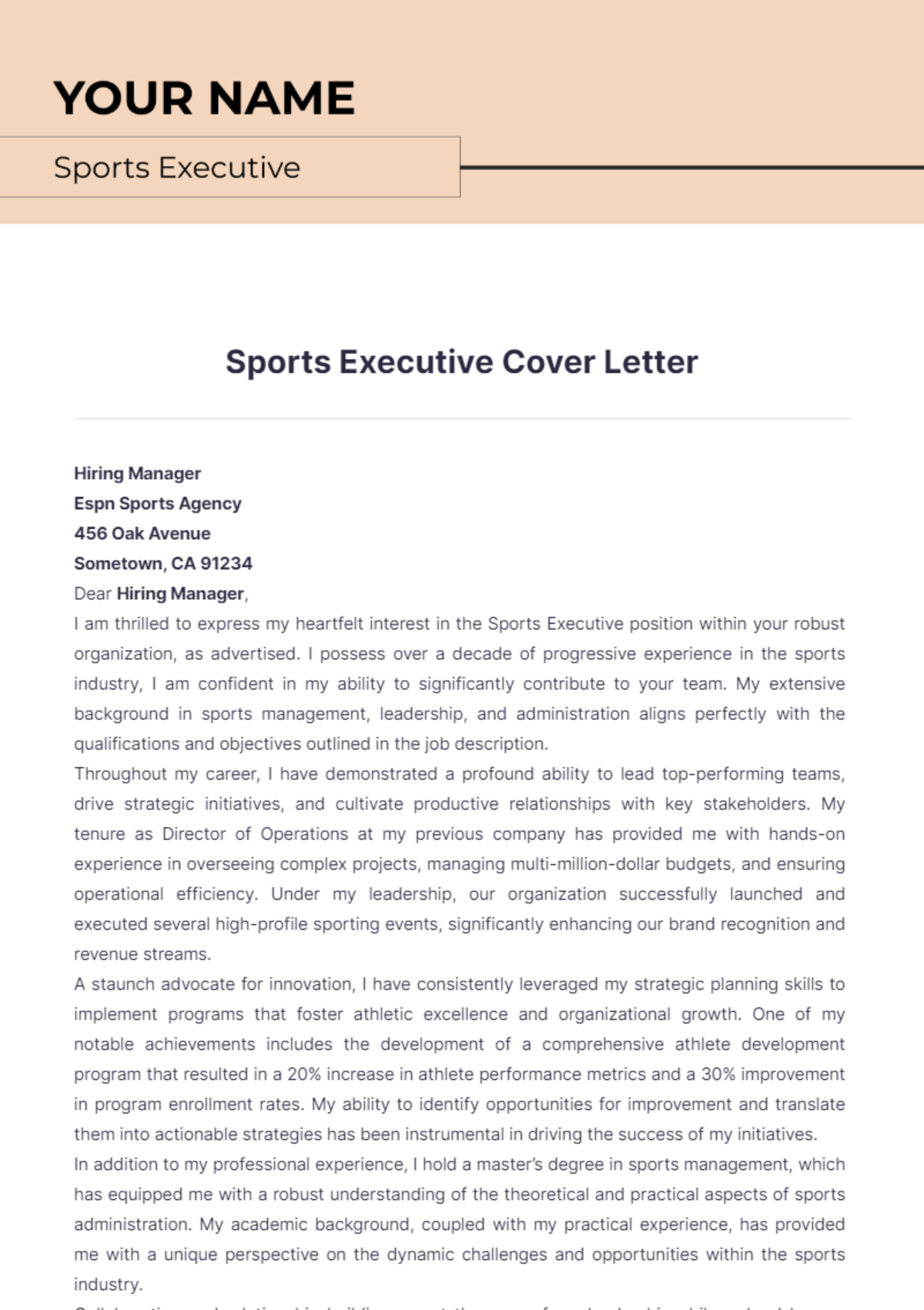 Sports Executive Cover Letter - Edit Online & Download