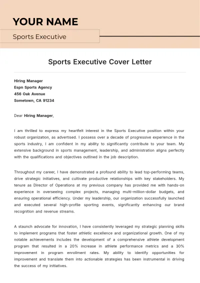 Free Sports Executive Cover Letter to Edit Online