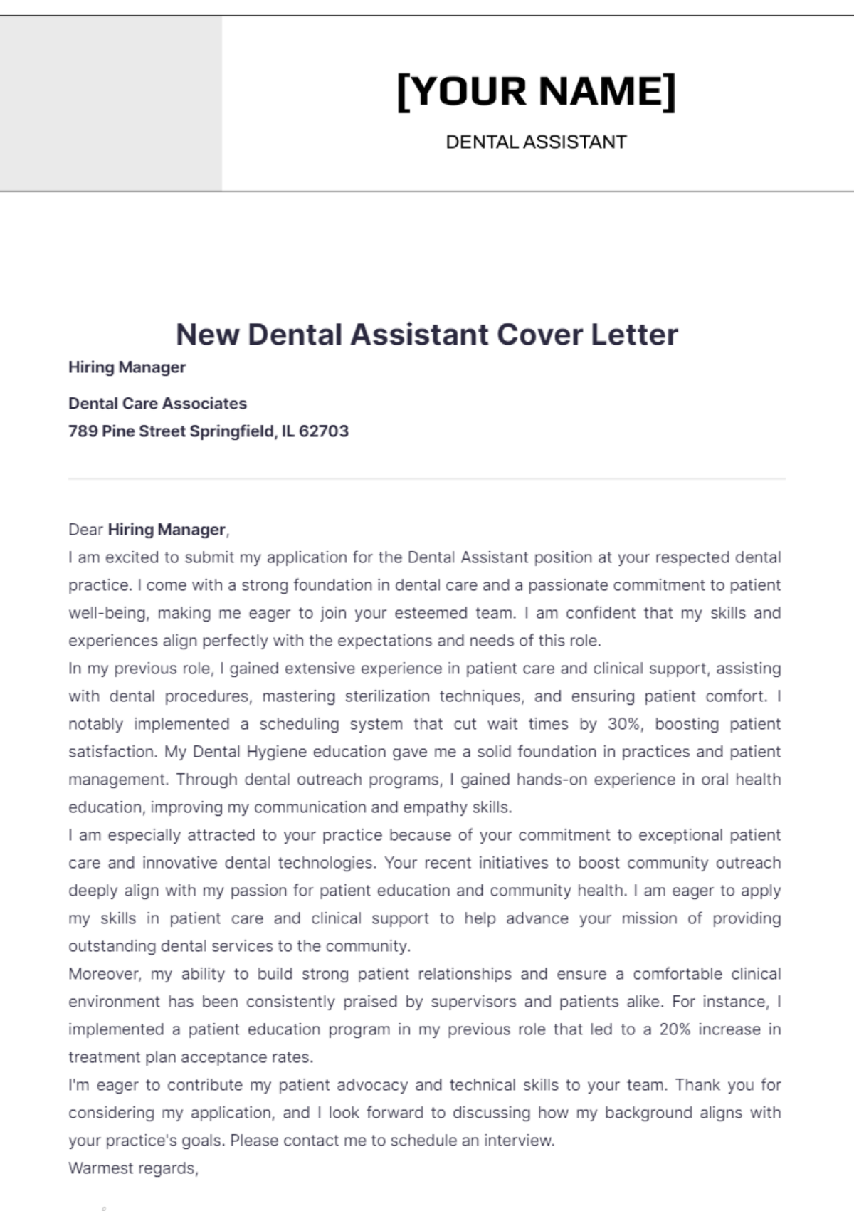 New Dental Assistant Cover Letter - Edit Online & Download