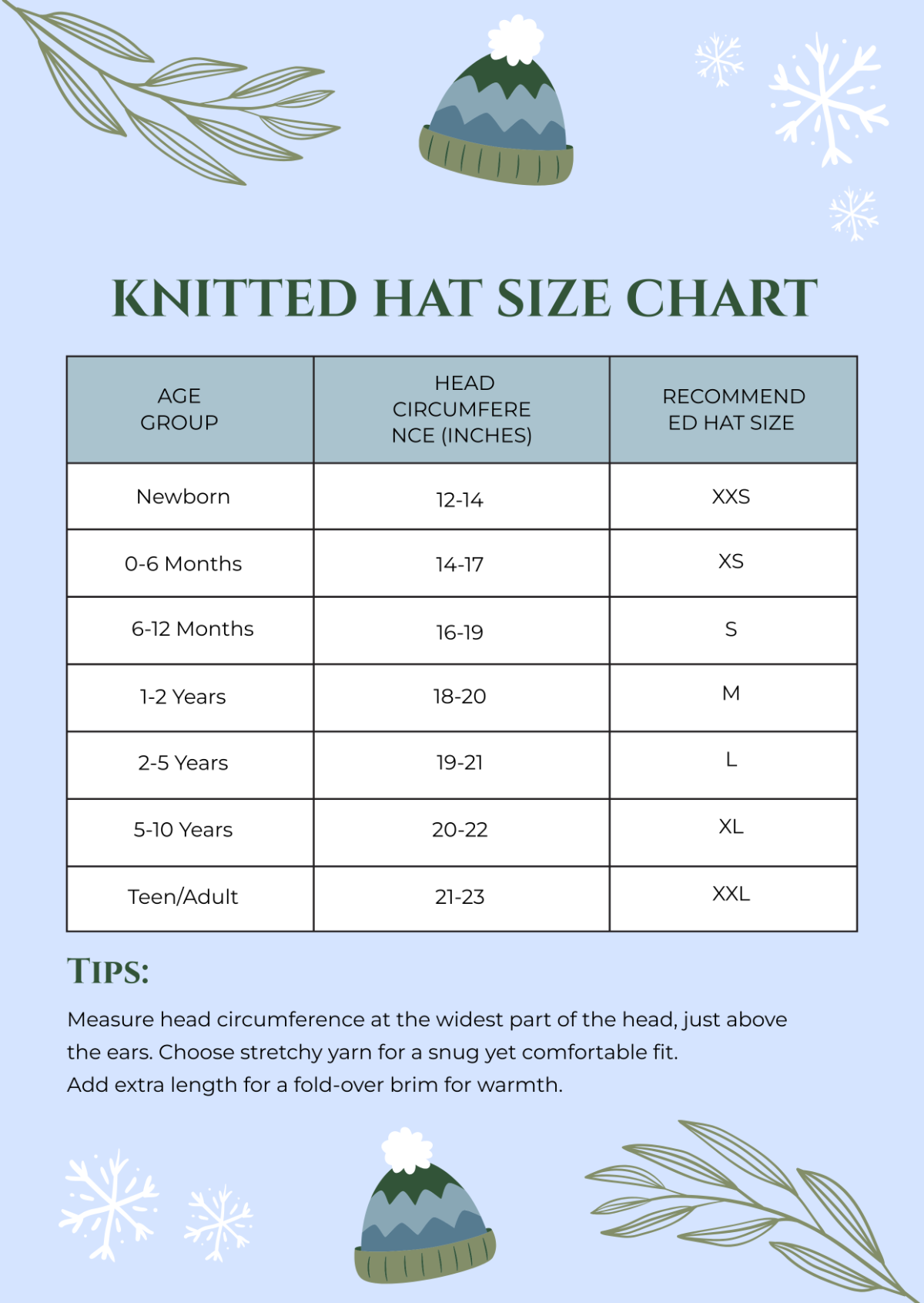 Knitted Hat Size Chart