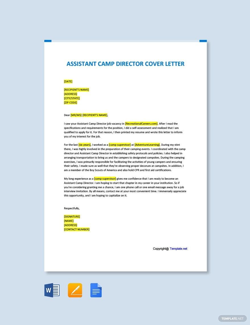 Free Assistant Camp Director Cover Letter Template