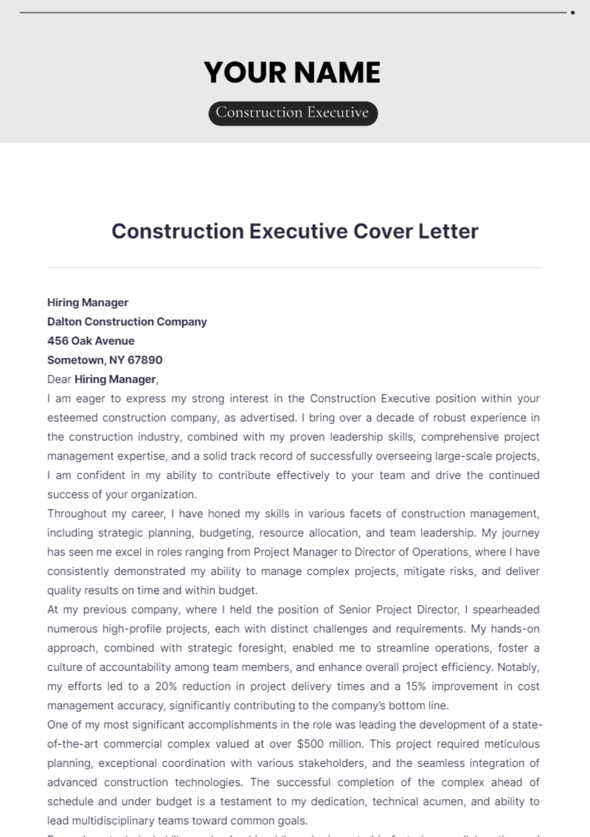 Construction Executive Cover Letter - Edit Online & Download