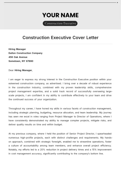 Free Construction Executive Cover Letter to Edit Online