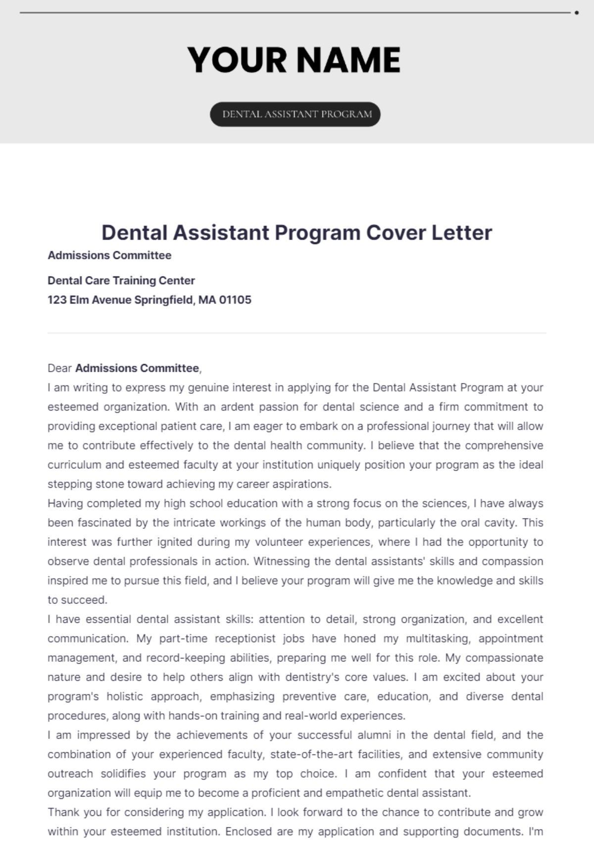 Dental Assistant Program Cover Letter - Edit Online & Download