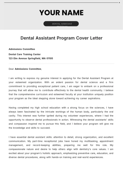 Free Dental Assistant Program Cover Letter to Edit Online