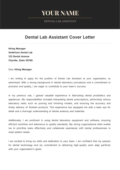Free Dental Lab Assistant Cover Letter to Edit Online