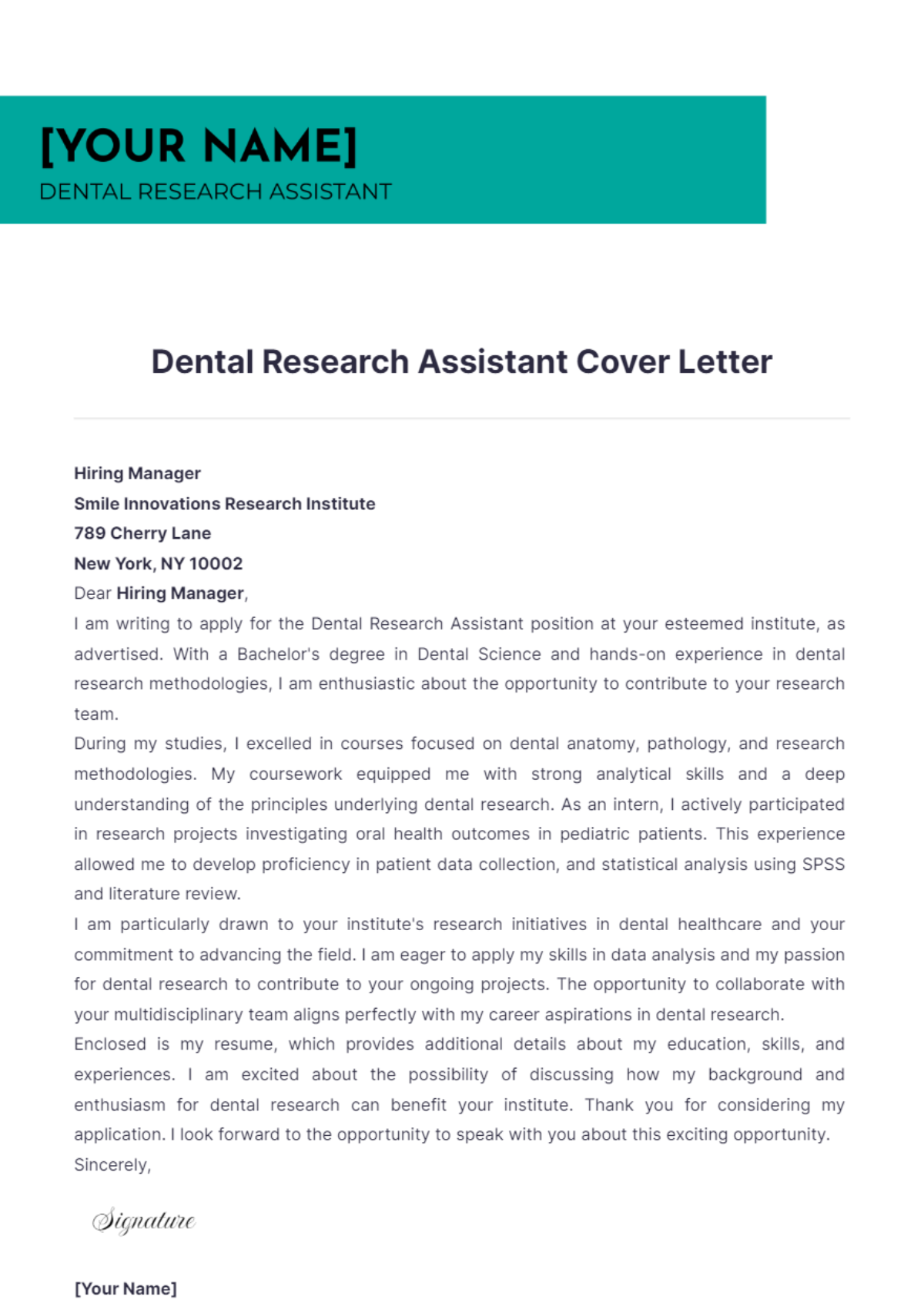 Dental Research Assistant Cover Letter - Edit Online & Download