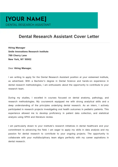 Free Dental Research Assistant Cover Letter to Edit Online