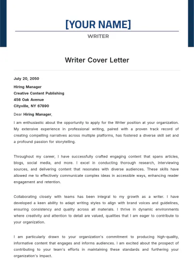 Free Writer Cover Letter to Edit Online