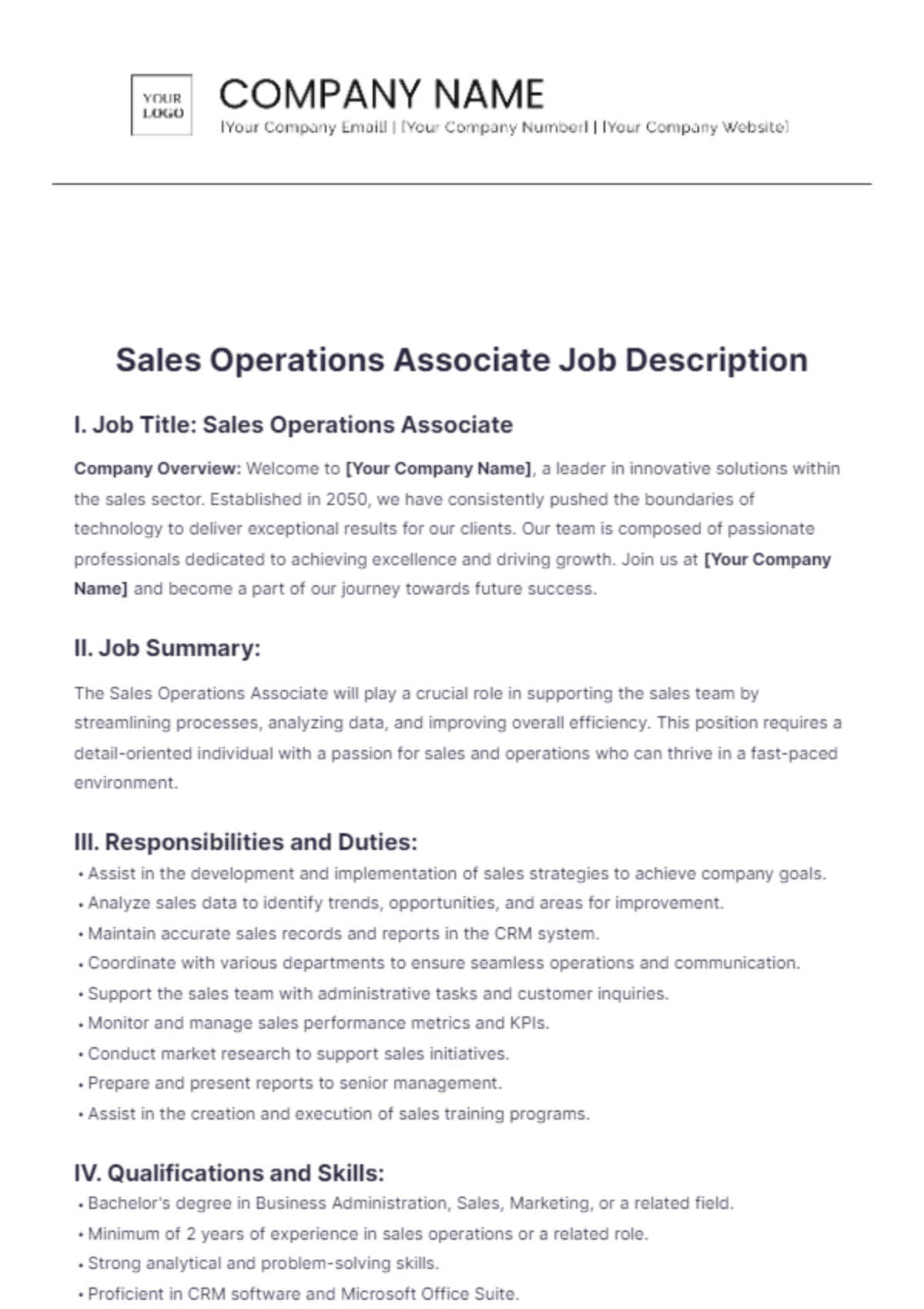 Sales Operations Associate Job Description