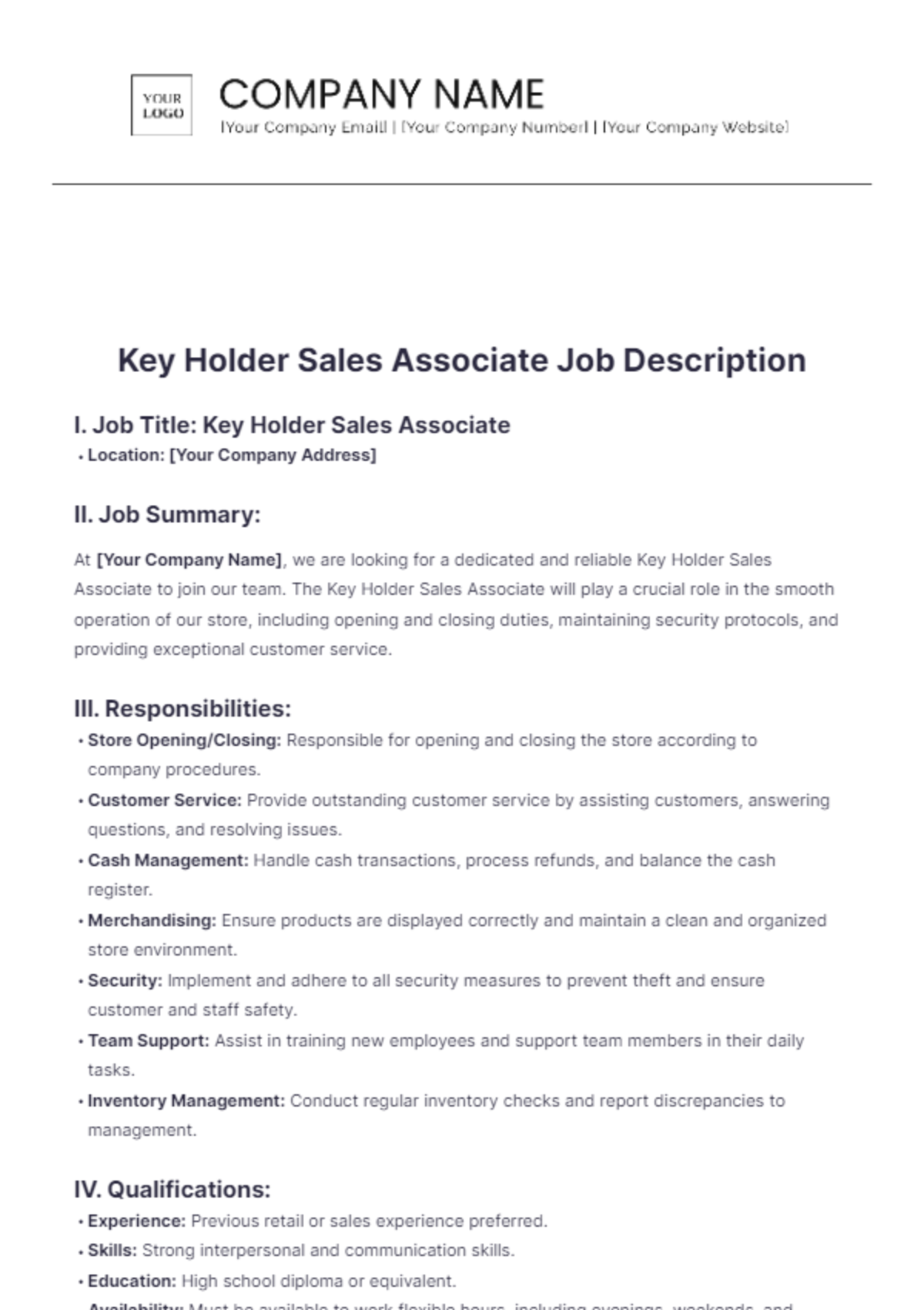 Key Holder Sales Associate Job Description