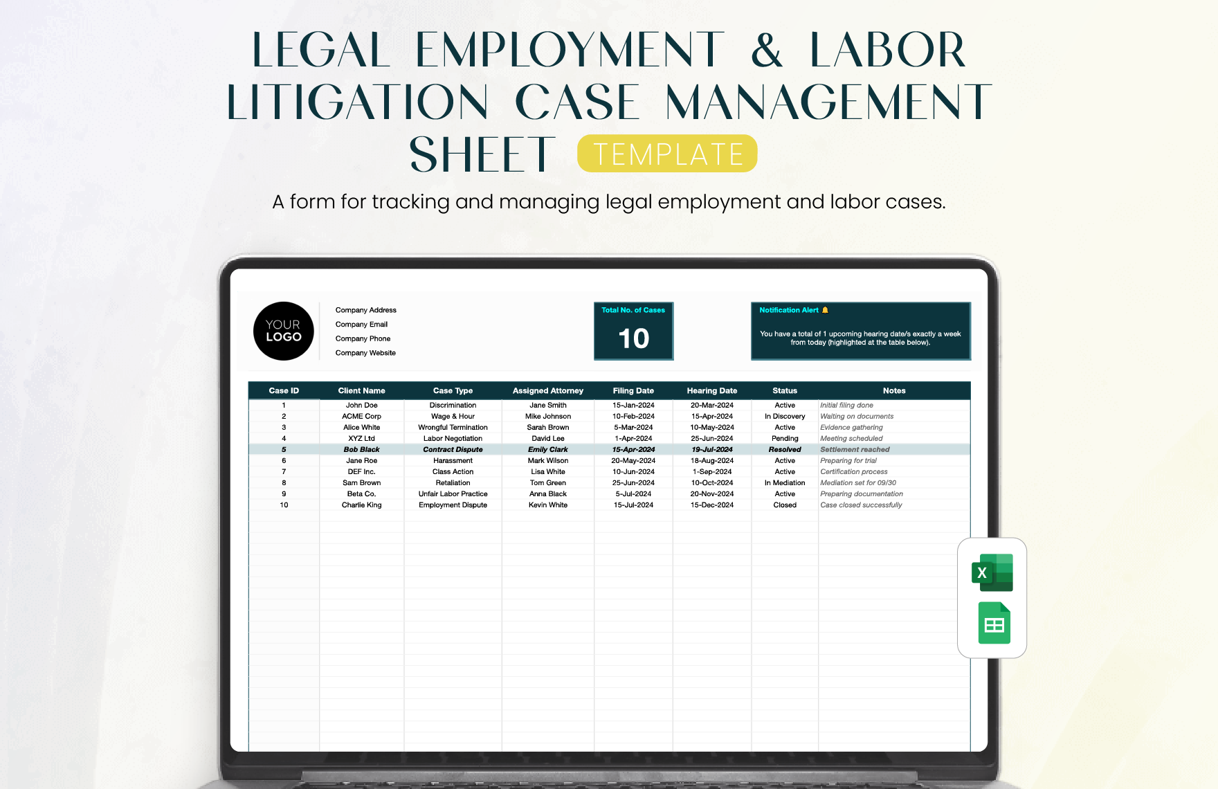 Legal Employment & Labor Litigation Case Management Sheet Template in Excel, Google Sheets