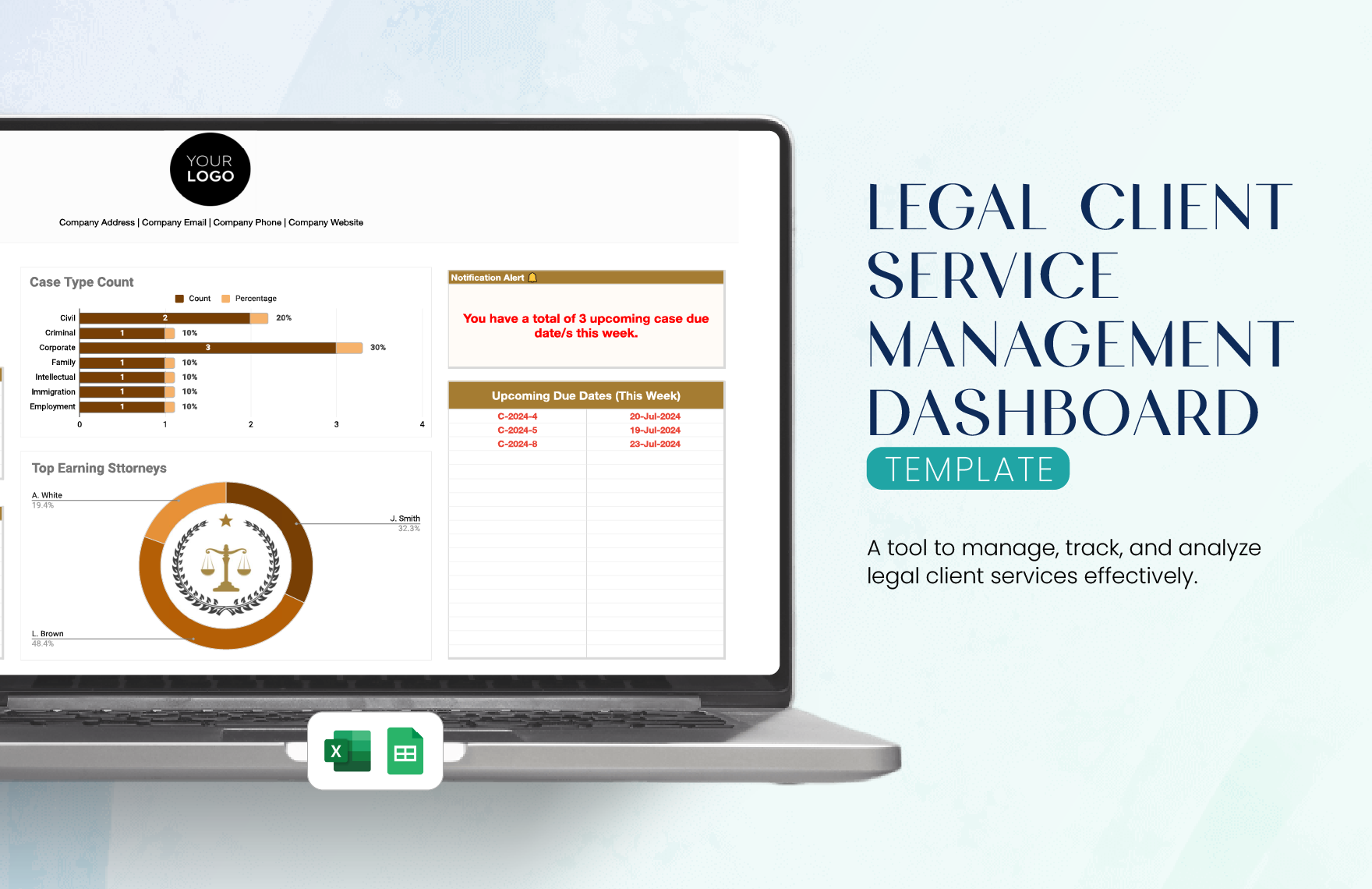 Legal Client Service Management Dashboard Template in Excel, Google Sheets