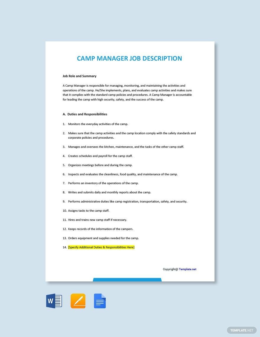 Free Camp Manager Job Ad/Description Template