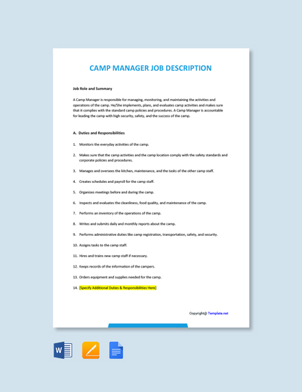 Camp Manager Job Description