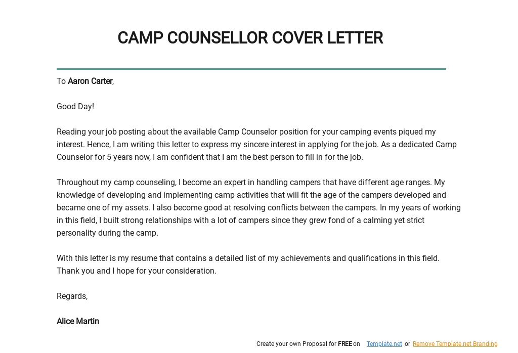 Free Camp Counsellor Cover Letter Template.jpe