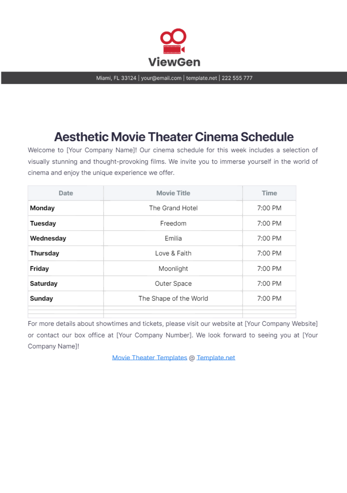 Aesthetic Movie Theater Cinema Schedule Template - Edit Online & Download