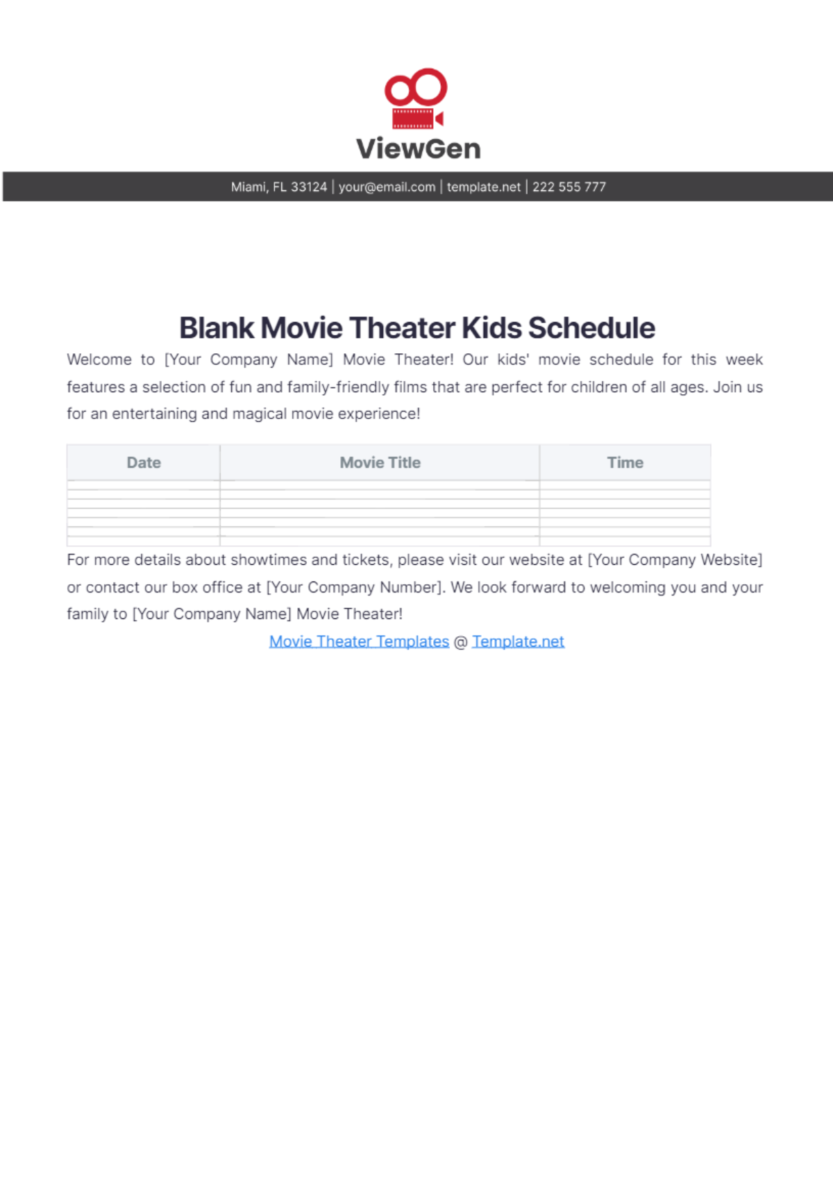 Blank Movie Theater Kids Schedule Template - Edit Online & Download