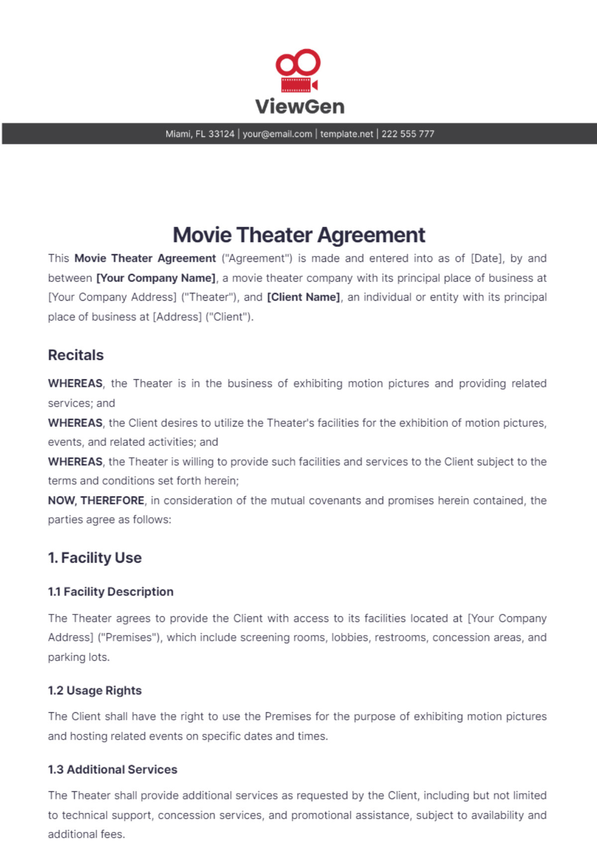 Movie Theater Agreement Template - Edit Online & Download