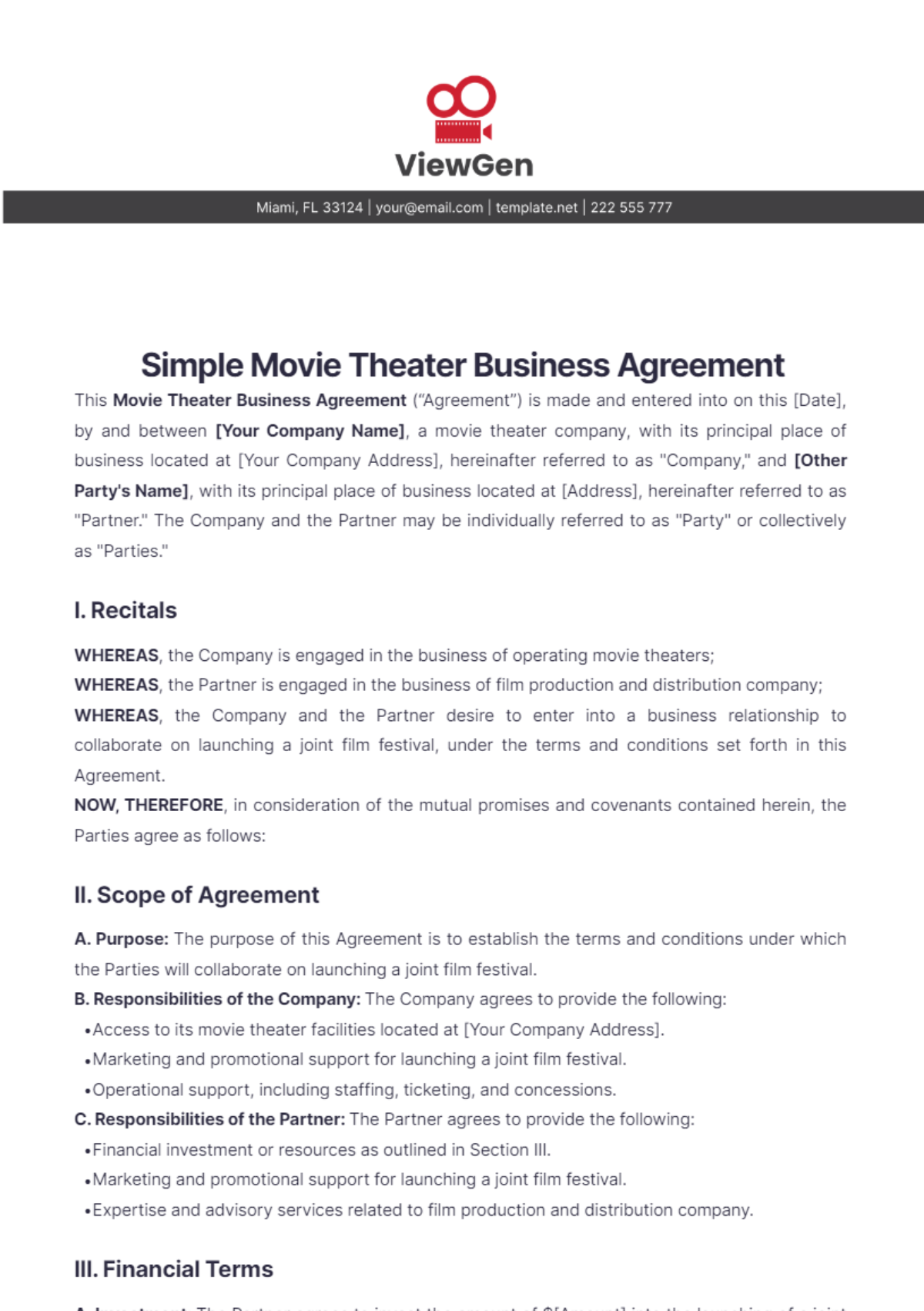 Simple Movie Theater Business Agreement Template - Edit Online & Download