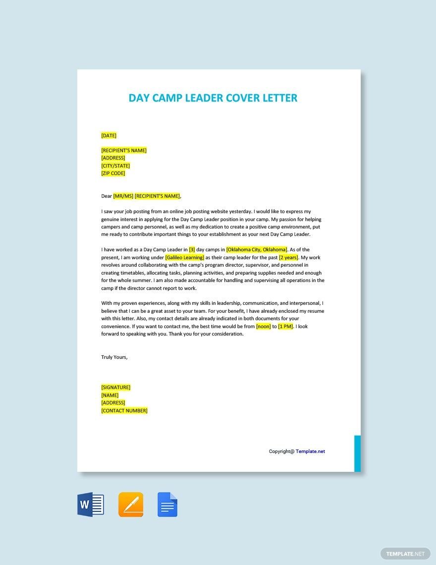 Day Camp Leader Cover Letter