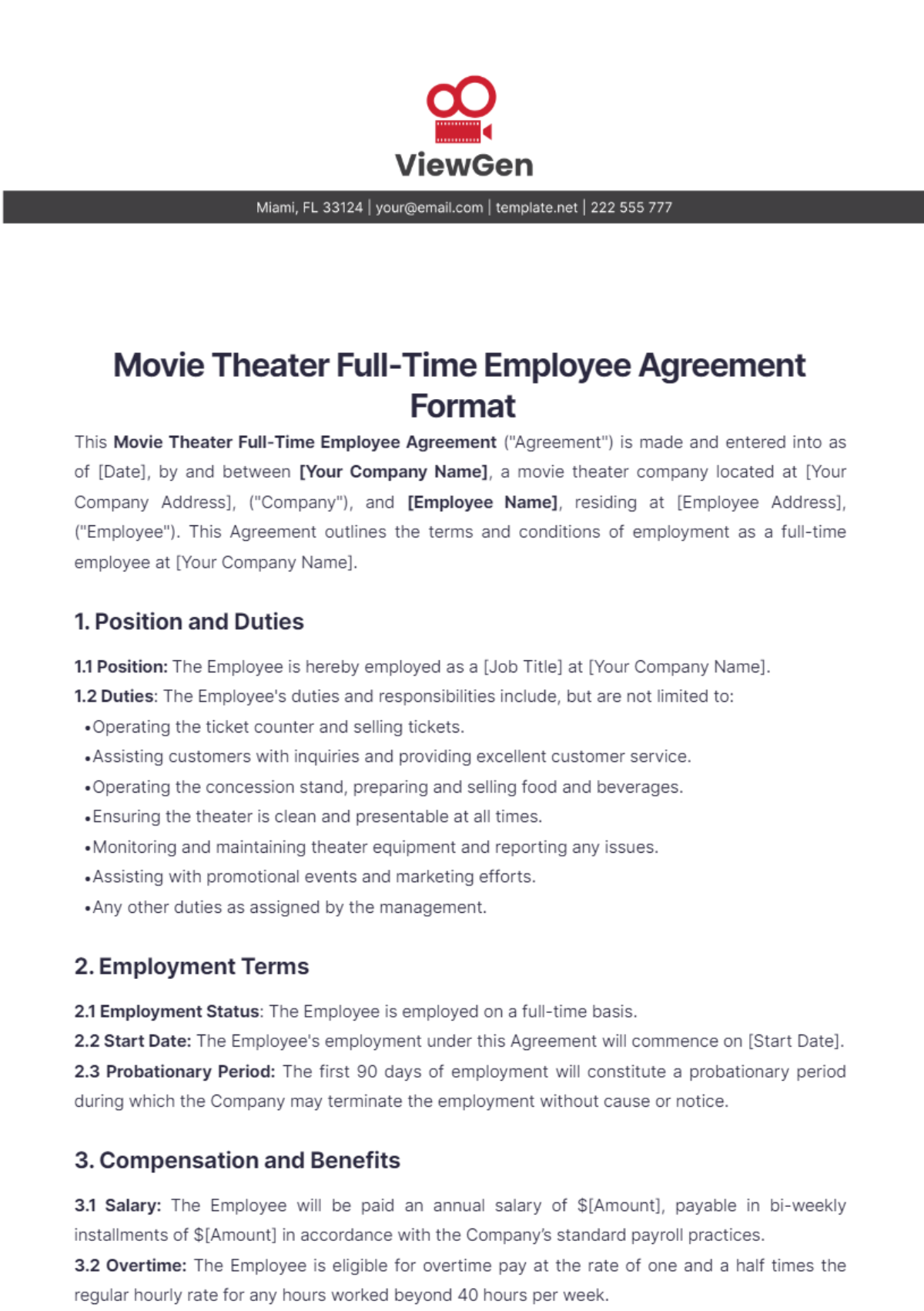 Movie Theater Full-Time Employee Agreement Format Template - Edit Online & Download