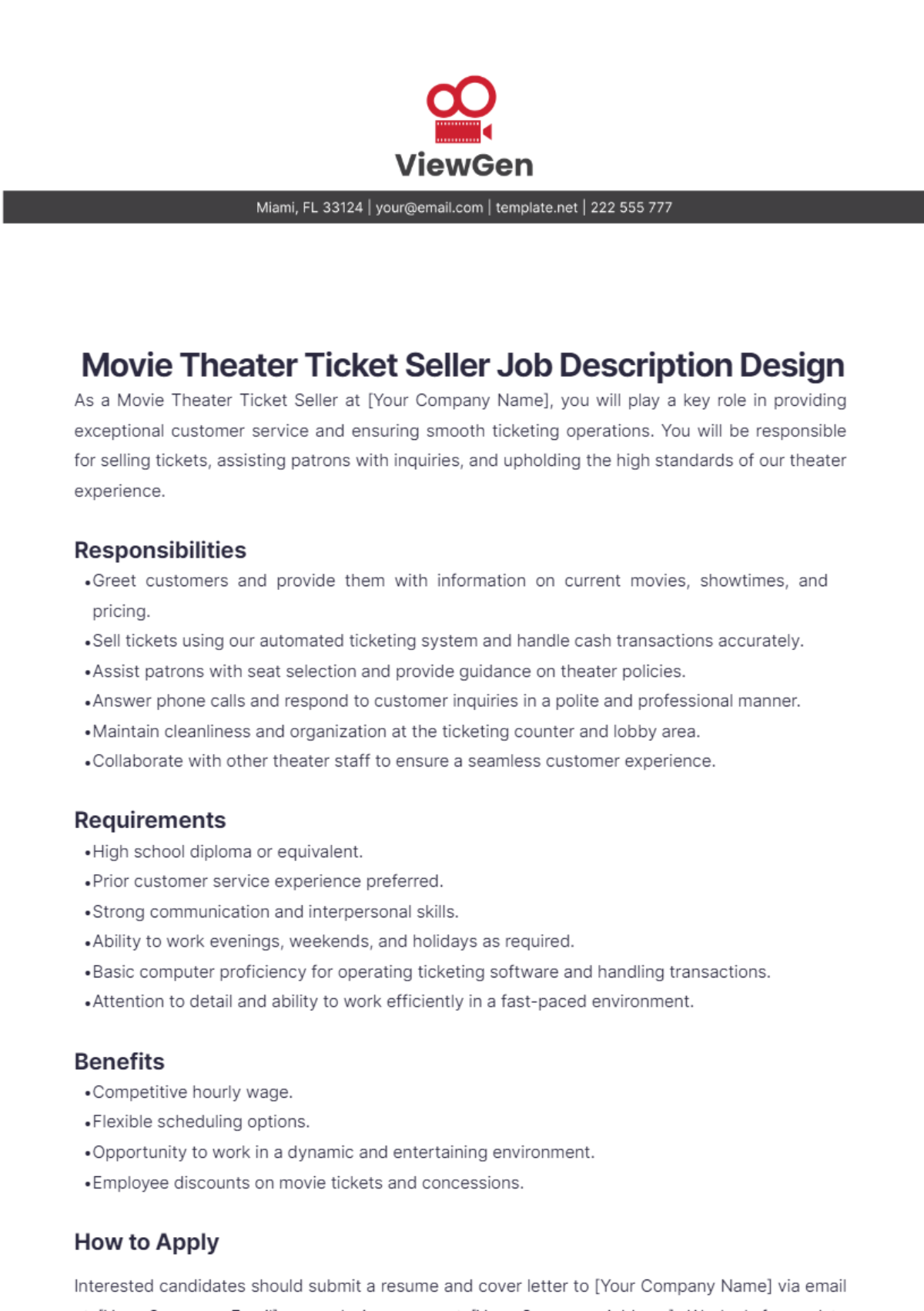 Free Movie Theater Ticket Seller Job Description Design Template - Edit ...