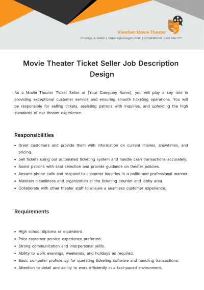 Free Movie Theater Ticket Seller Job Description Design Template to Edit Online