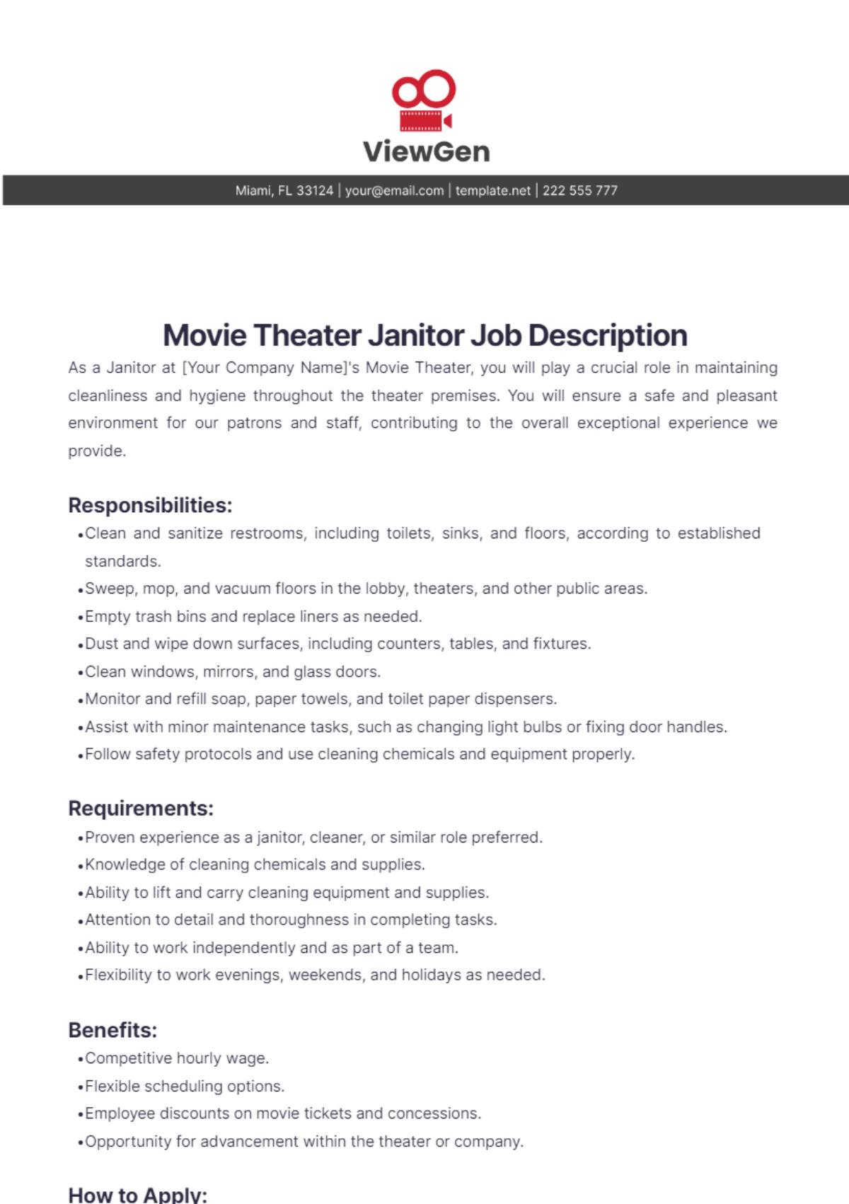 Movie Theater Janitor Job Description Template - Edit Online & Download