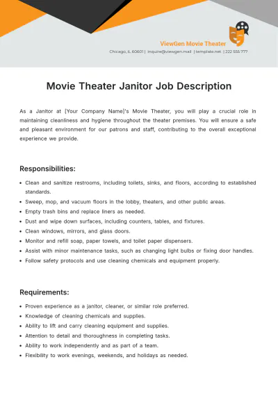 Free Movie Theater Janitor Job Description Template to Edit Online