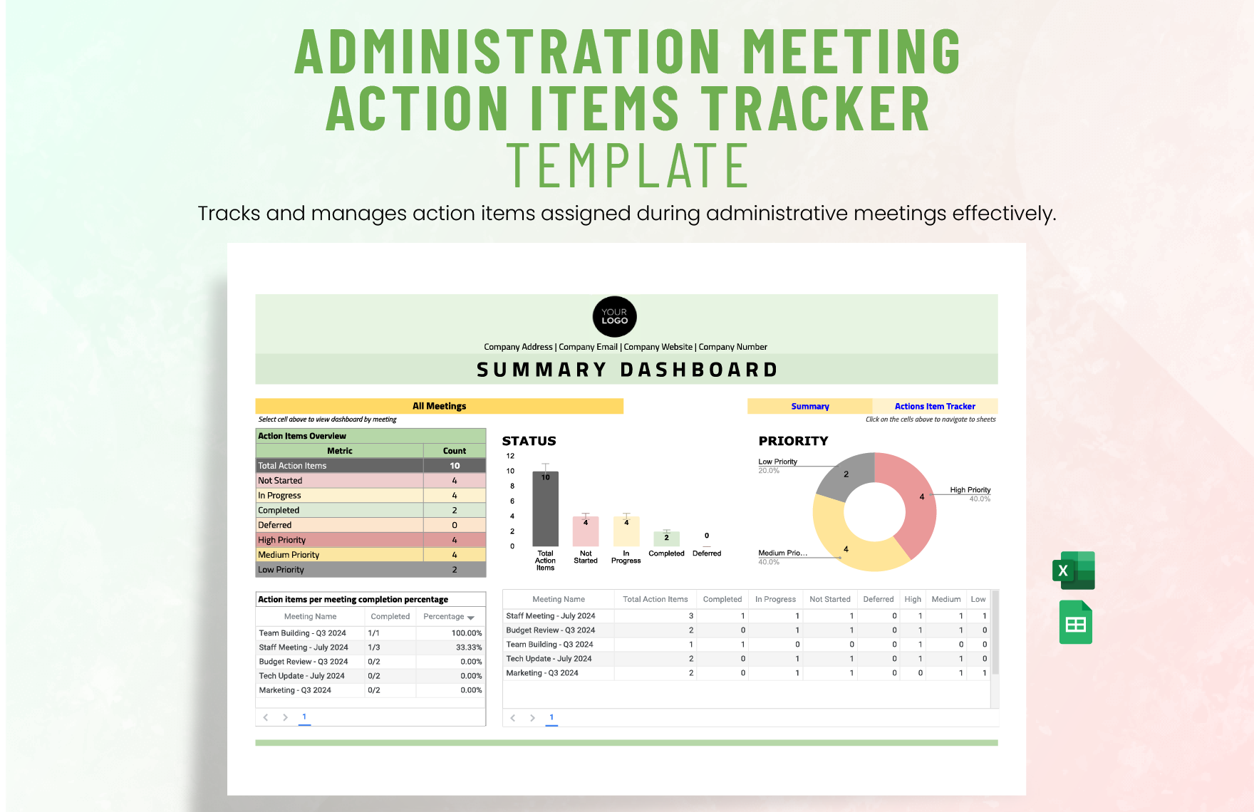 Administration Meeting Action Items Tracker Template in Excel, Google Sheets